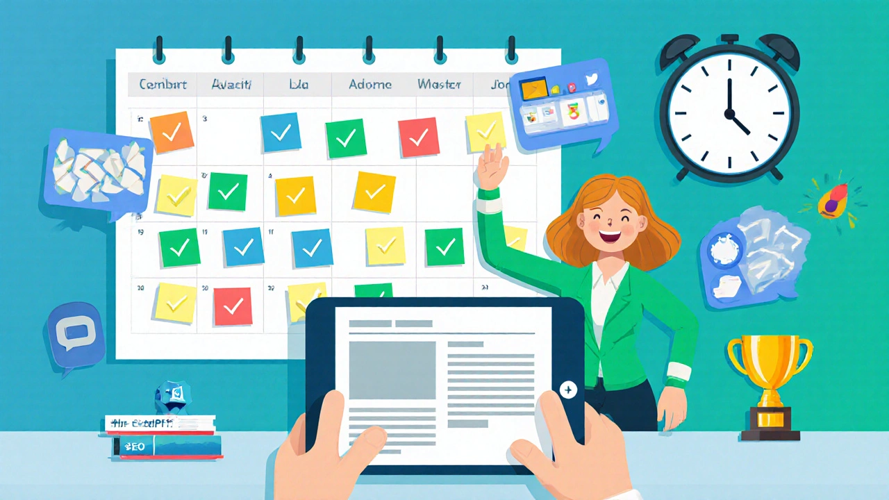 Bright workspace with a checked content calendar, tablet showing a blog post, and efficiency icons.