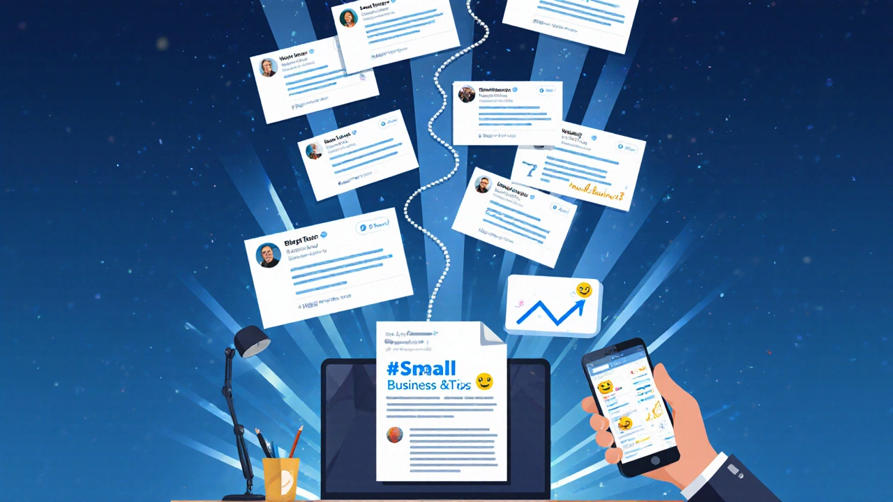 Floating Twitter thread cards spiraling from a blog post, with hashtags and rising engagement metrics.