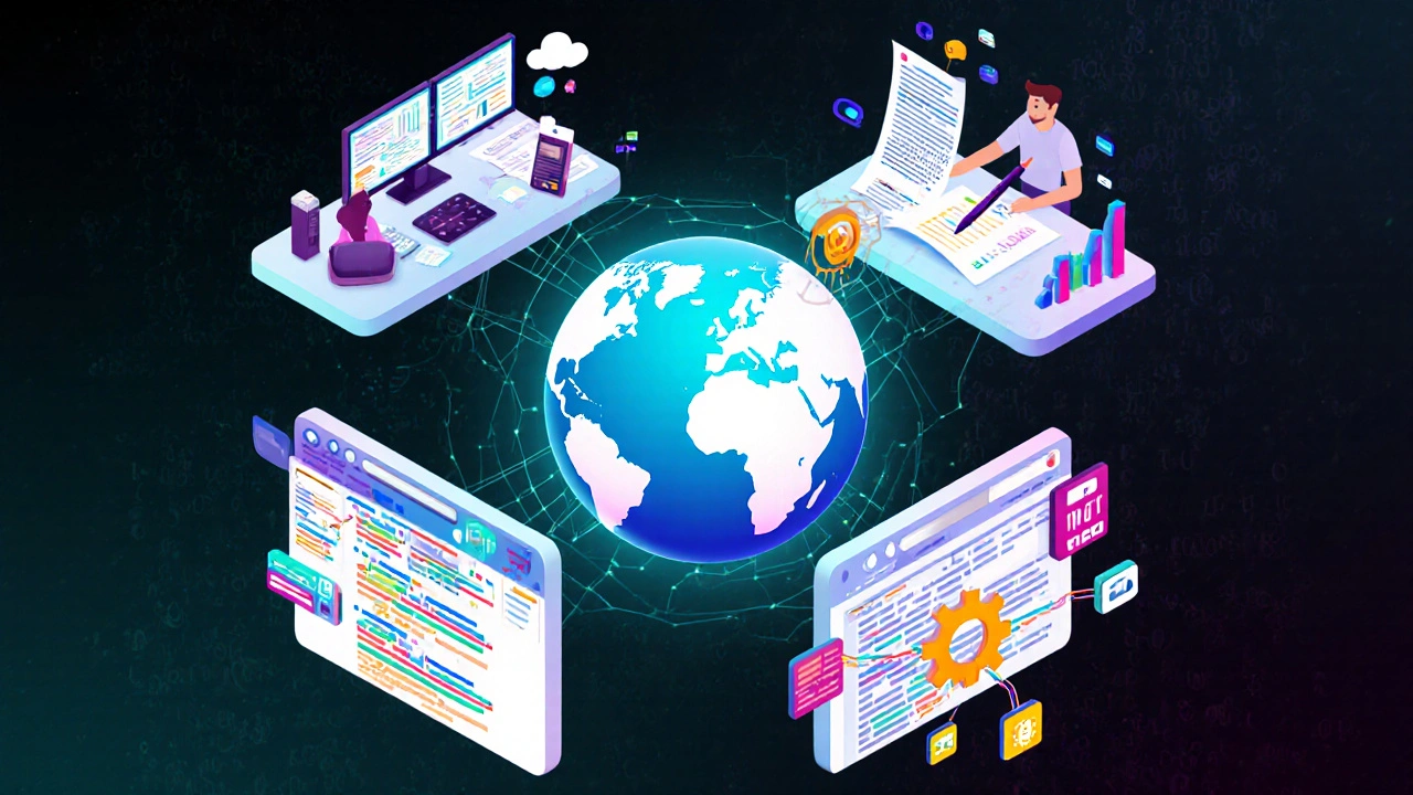 Four floating panels illustrate keyword research, content editing, technical SEO, and link building around a glowing globe.