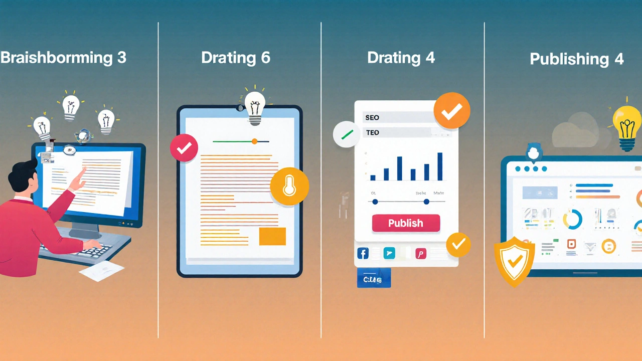 Four‑panel illustration showing brainstorming, drafting, SEO optimization, and publishing steps.