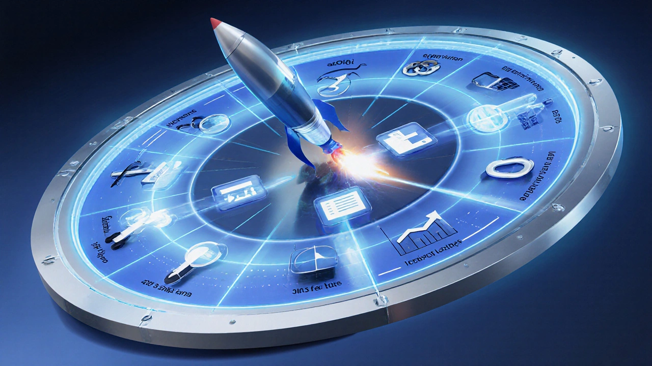 Futuristic 12‑week SEO roadmap on a transparent screen with icons and a rocket indicating progress.