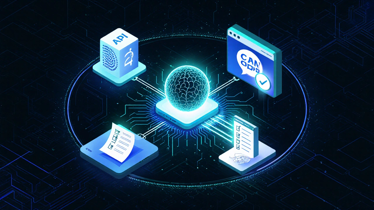 Futuristic diagram of API integration sending product data to ChatGPT, producing copy for affiliate platforms.