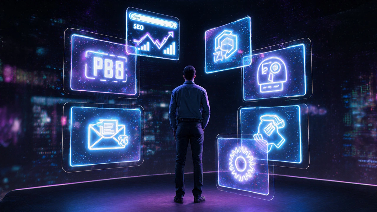 Futuristic scene of a marketer surrounded by holographic panels for SEO, social, email, PPC, content and automation.