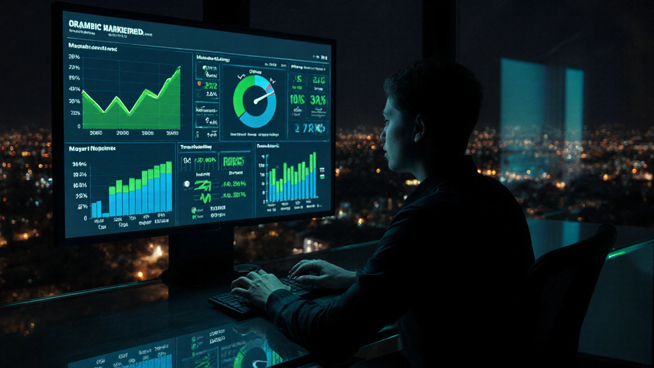 Marketer reviewing a glowing dashboard of KPI metrics in a dimly lit night office.
