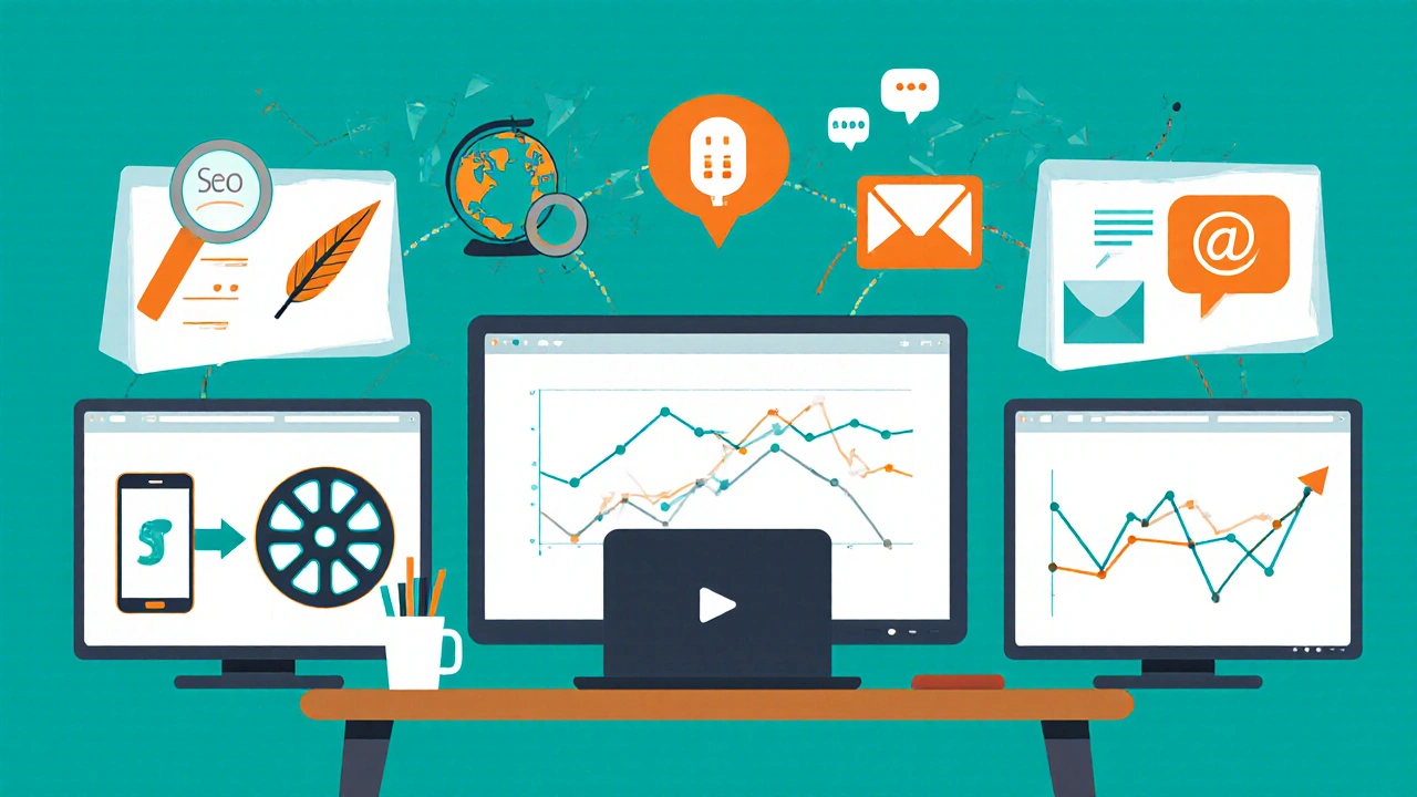 Marketing control room with monitors showing icons for SEO, content, social media, email, PPC, and analytics.