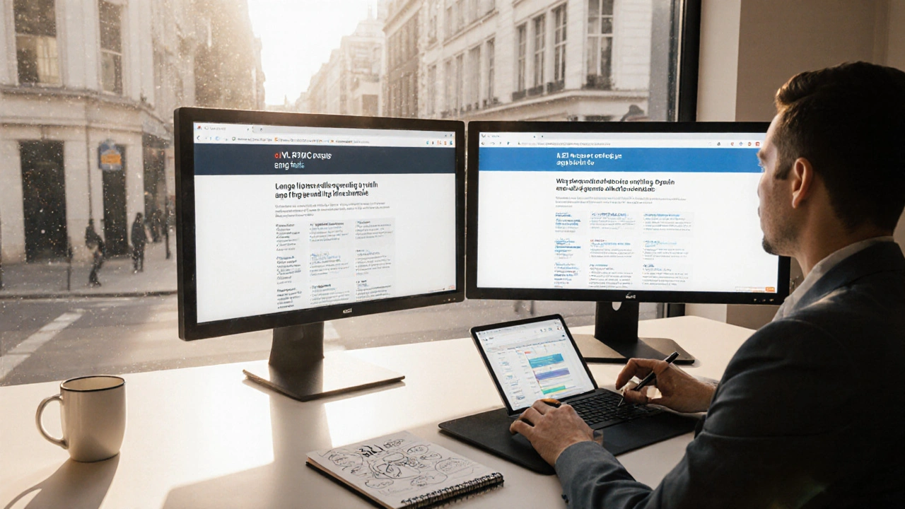 Photorealistic office showing a marketer reviewing split‑tested landing pages and an email drip sequence.