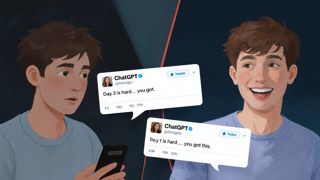 Split-screen: person struggling with blank tweet vs. smiling as AI generates a supportive reply.