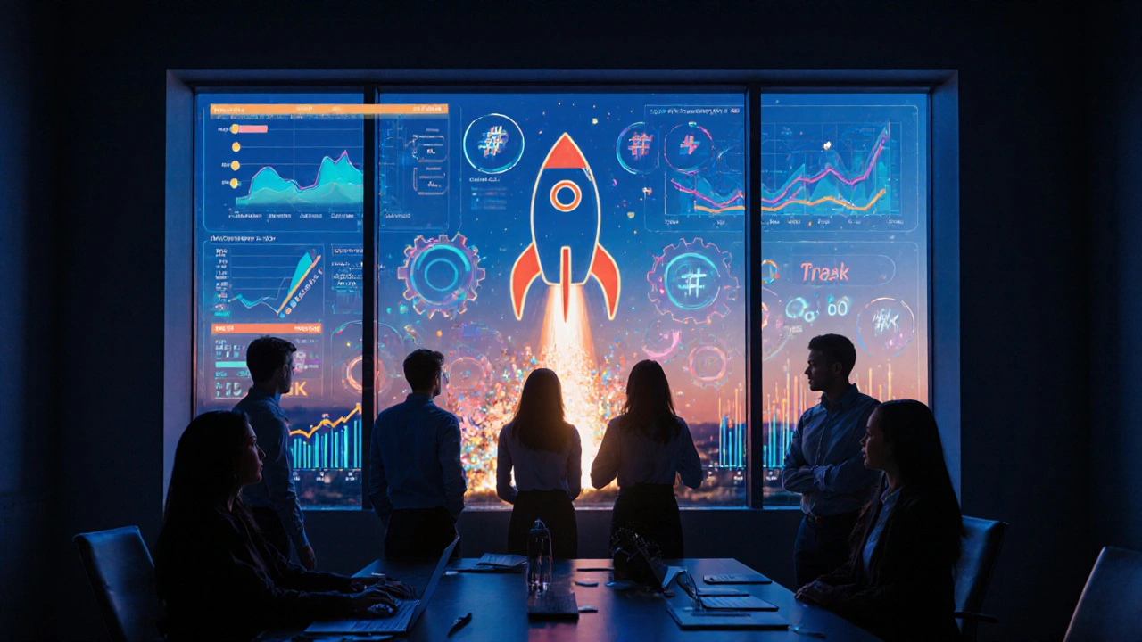 Team reviewing a glowing analytics dashboard while a stylized rocket lifts off behind them, symbolizing buzz.