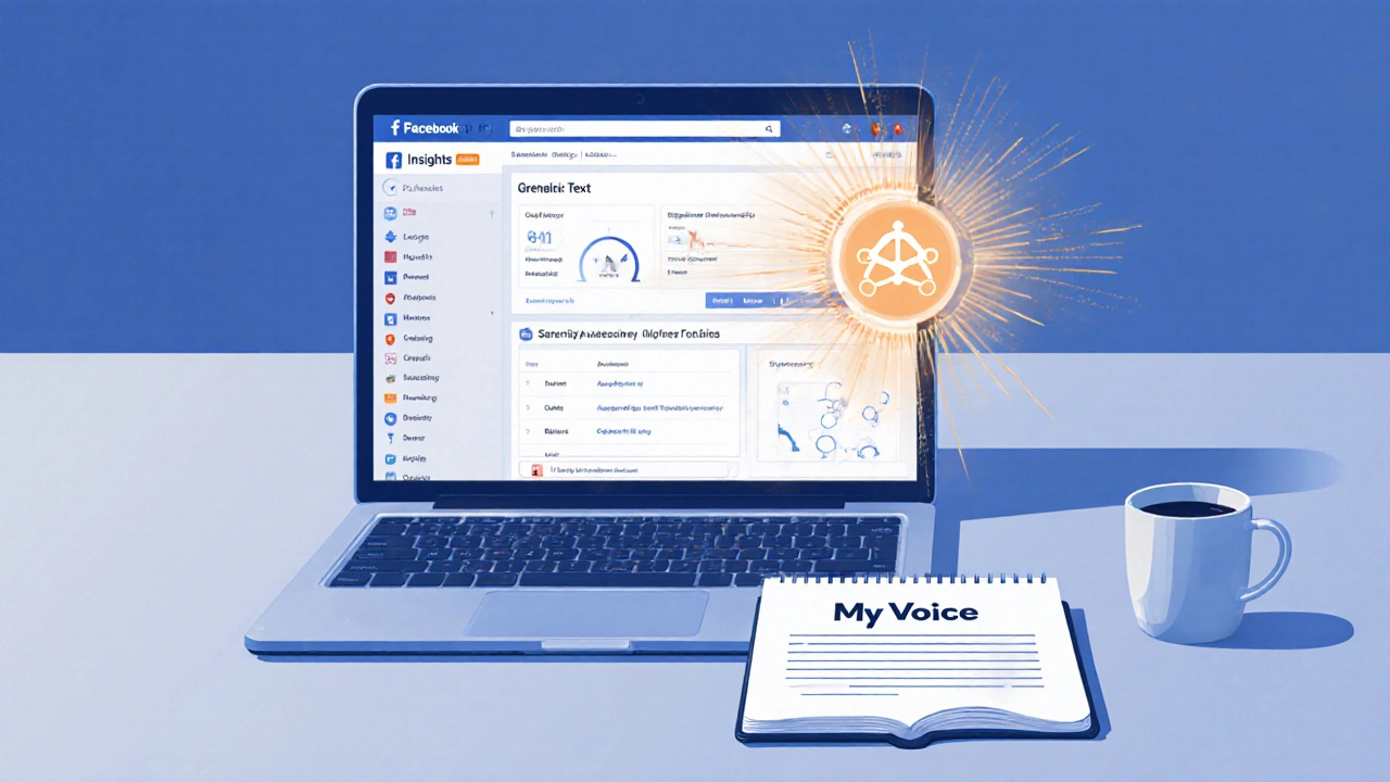 A desk with laptop showing Facebook insights and an AI icon transforming text into human-like replies.