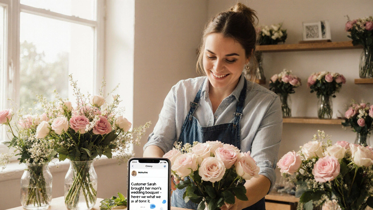 A florist arranging flowers with a phone displaying a personalized AI-generated Facebook reply.