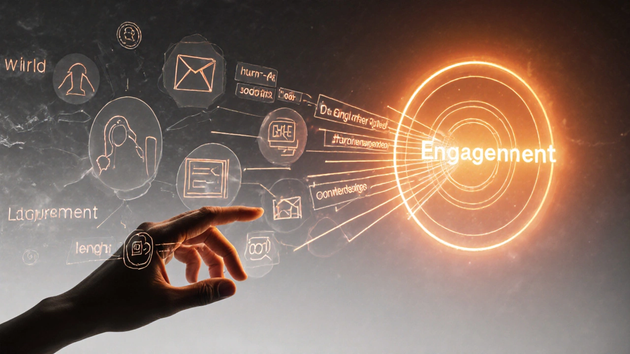 A human hand guiding AI-generated marketing content through a maze of digital touchpoints toward an engagement target.