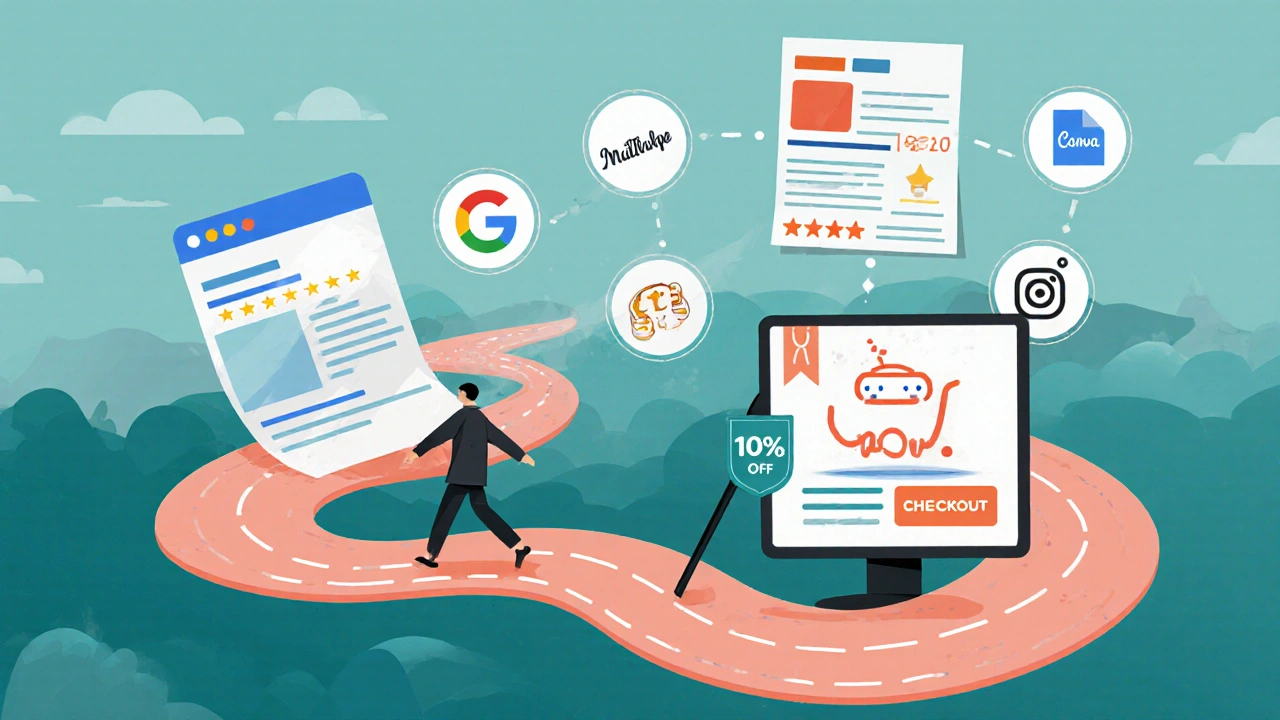 A person walking a digital path from search results to checkout, surrounded by marketing tool icons.