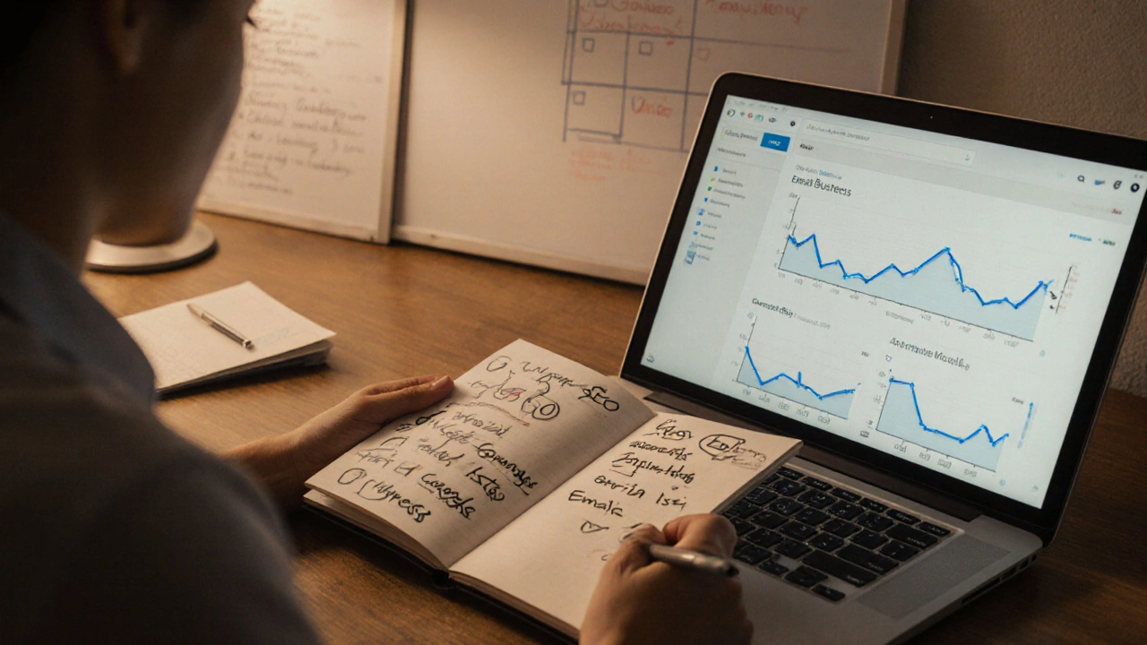 A small business owner working at a desk with analytics on screen and handwritten marketing notes nearby.