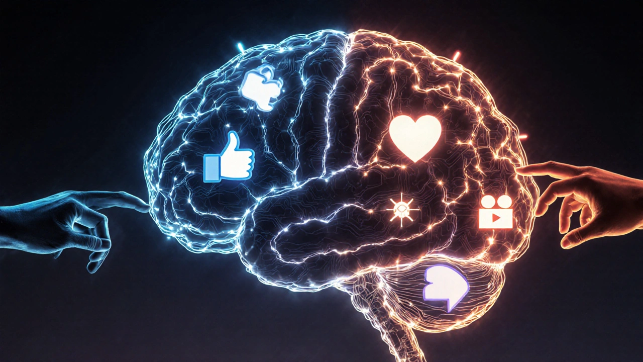 Abstract brain made of data streams and social icons, half AI circuitry and half human hands connecting.