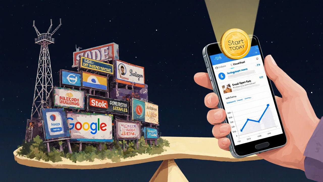 Balance scale with old ads vs digital tools, small business owner placing &#039;Start Today&#039; coin.