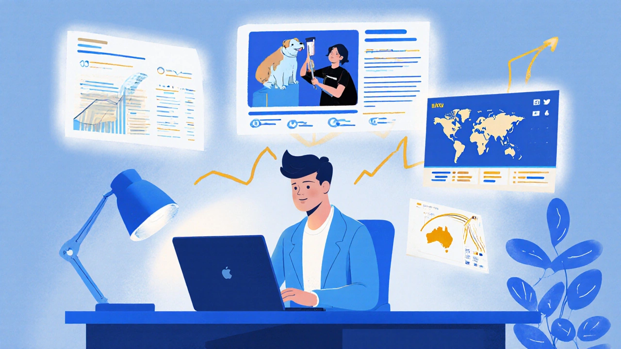 Entrepreneur at laptop surrounded by digital marketing visuals like email lists and social trends.