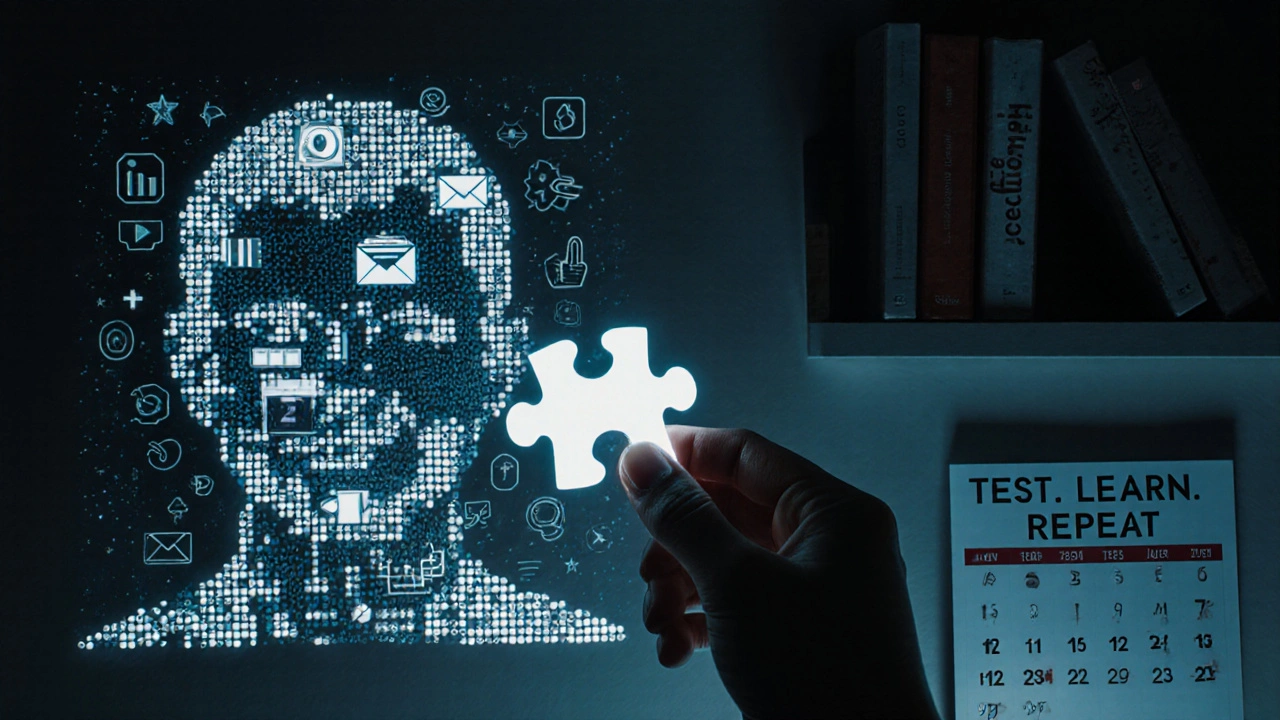 Hand placing a glowing puzzle piece into a mosaic shaped like a customer&#039;s face made of digital icons.
