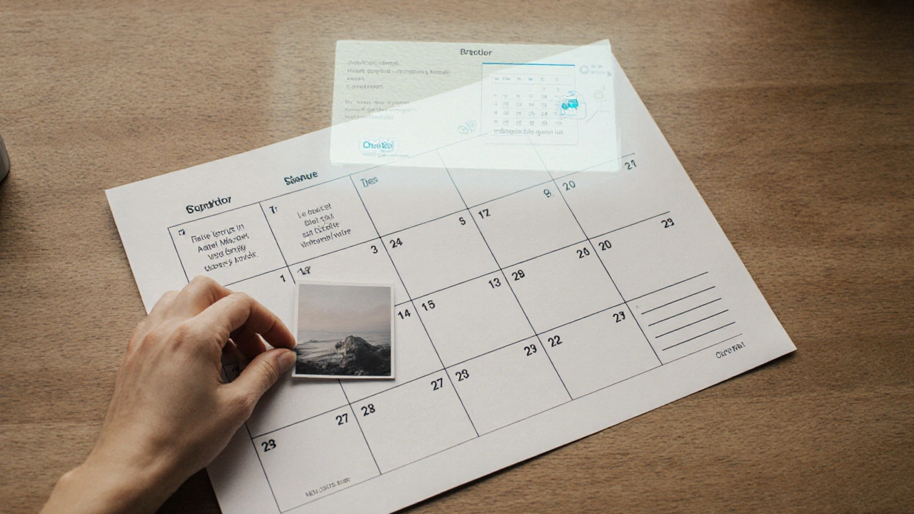 Overhead view of a 30-day social media calendar with AI-generated ideas nearby.