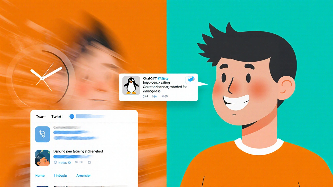 Split screen: blank tweet vs AI-generated funny tweet about invoice and penguin