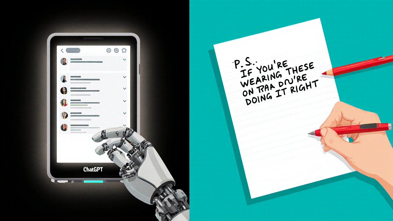 Split-screen of AI typing captions vs. human editing with a handwritten note.