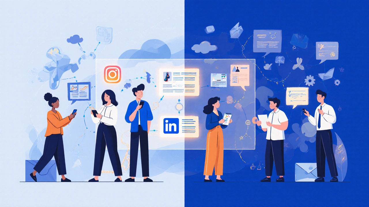 Split-screen of people using Instagram, TikTok, LinkedIn, and email with a customer journey map in the background.