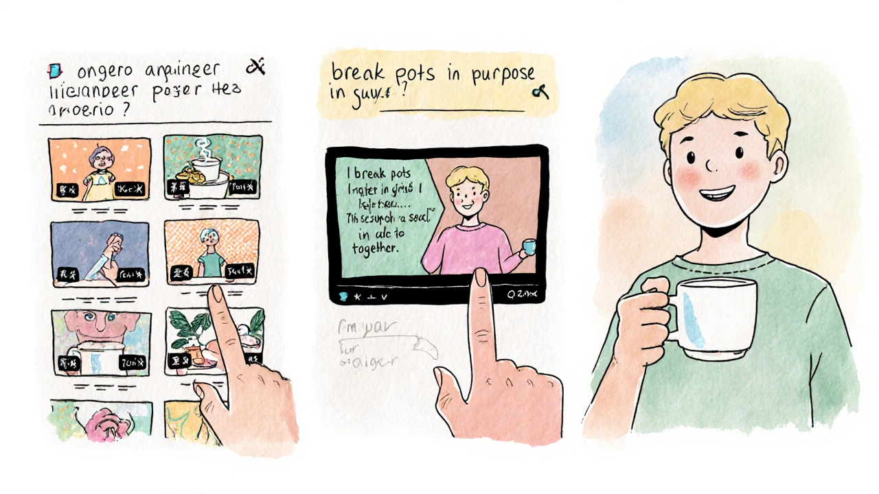 Three-panel storyboard showing scroll pause, emotional video, and personal creation.