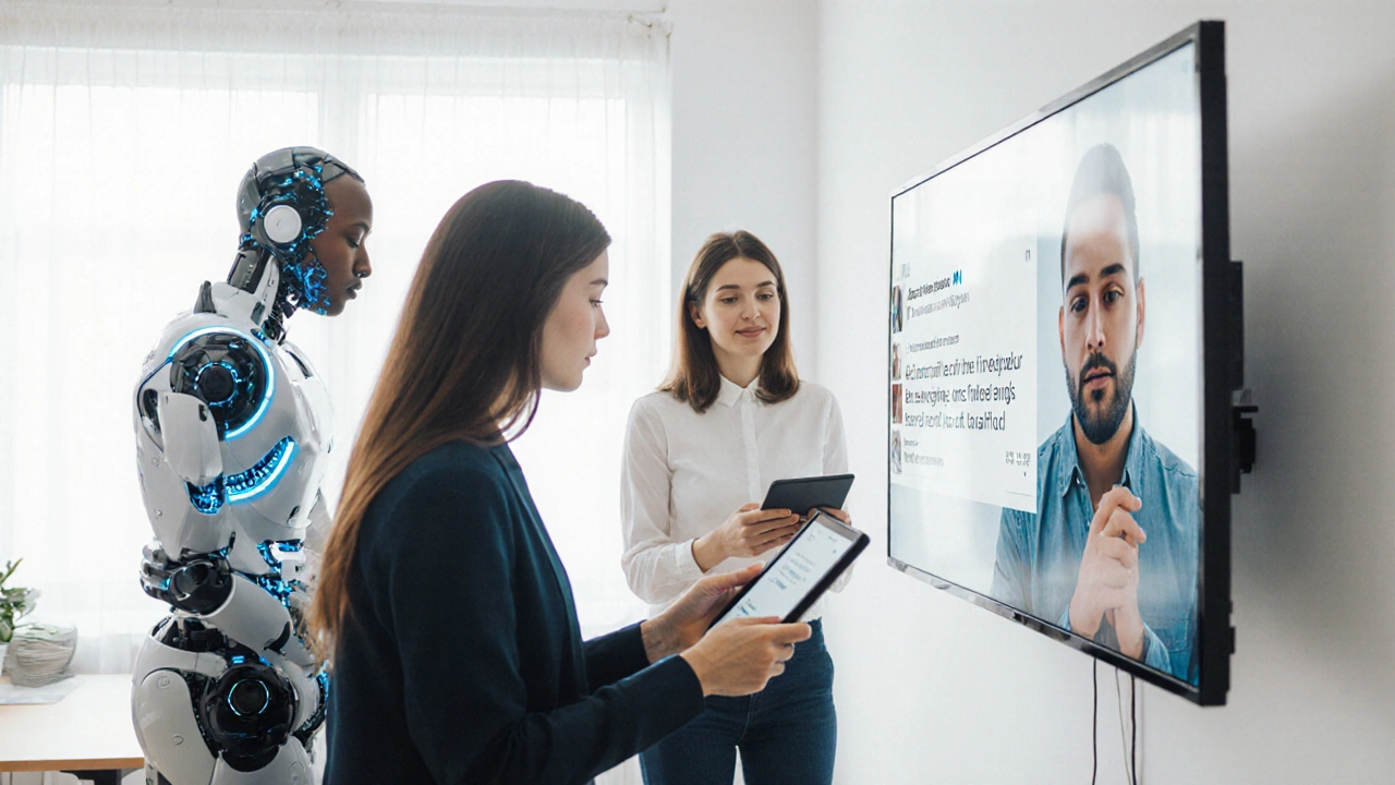 Three SMM team members collaborating, one training AI, another reviewing replies, and the third responding to a customer.