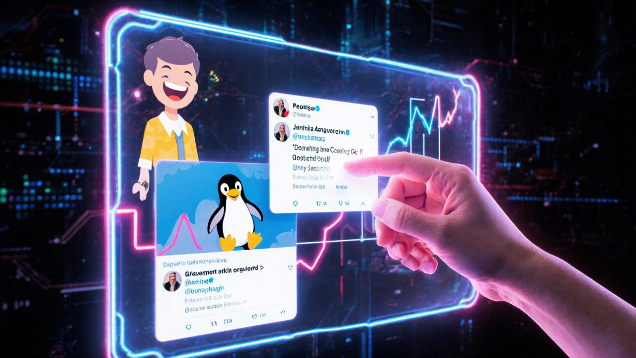 Twitter feed with viral tweets and human hand editing AI content in cyberpunk style