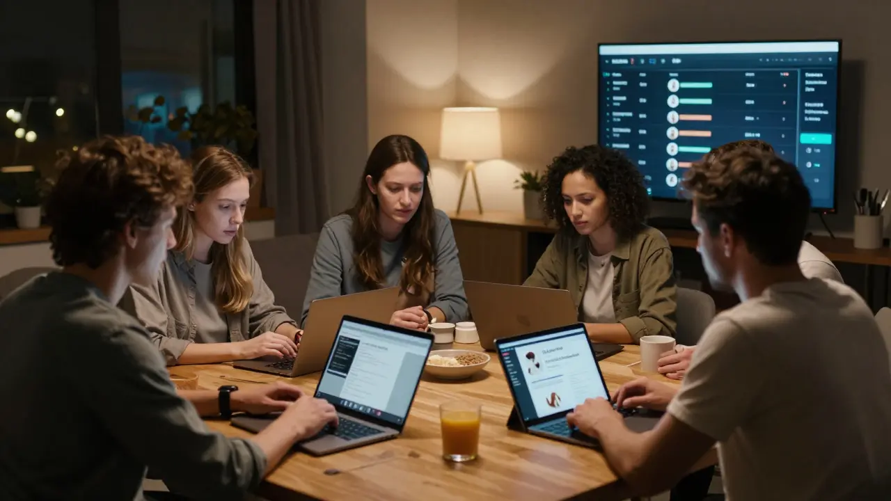 A community of users discusses pet food preferences in a warm, intimate online group setting.