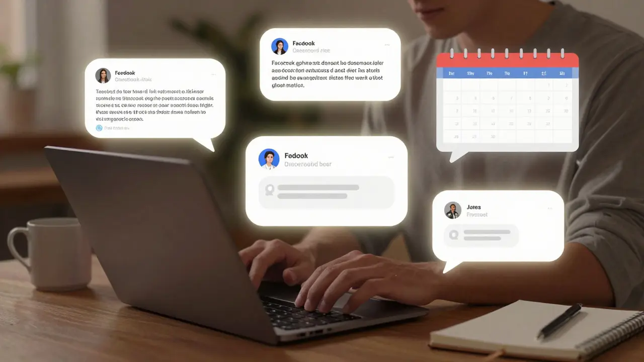 A person working on a laptop with floating digital content formats like carousels, polls, and replies around them.