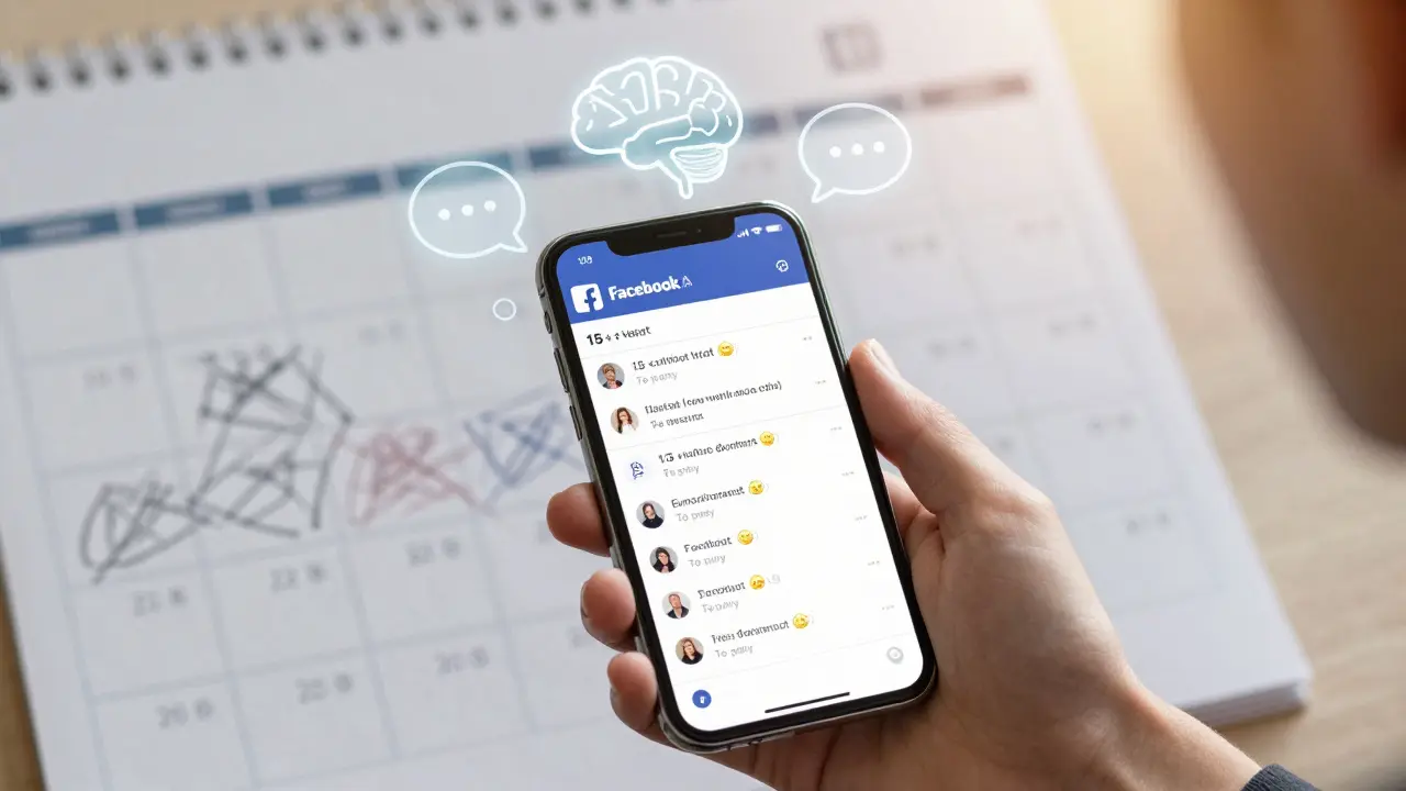 A smartphone showing engaged Facebook comments with subtle AI icons hovering above, symbolizing smart assistance.