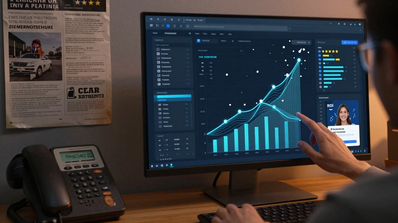 A split-screen showing outdated marketing tools versus a modern digital analytics dashboard with rising customer reviews.