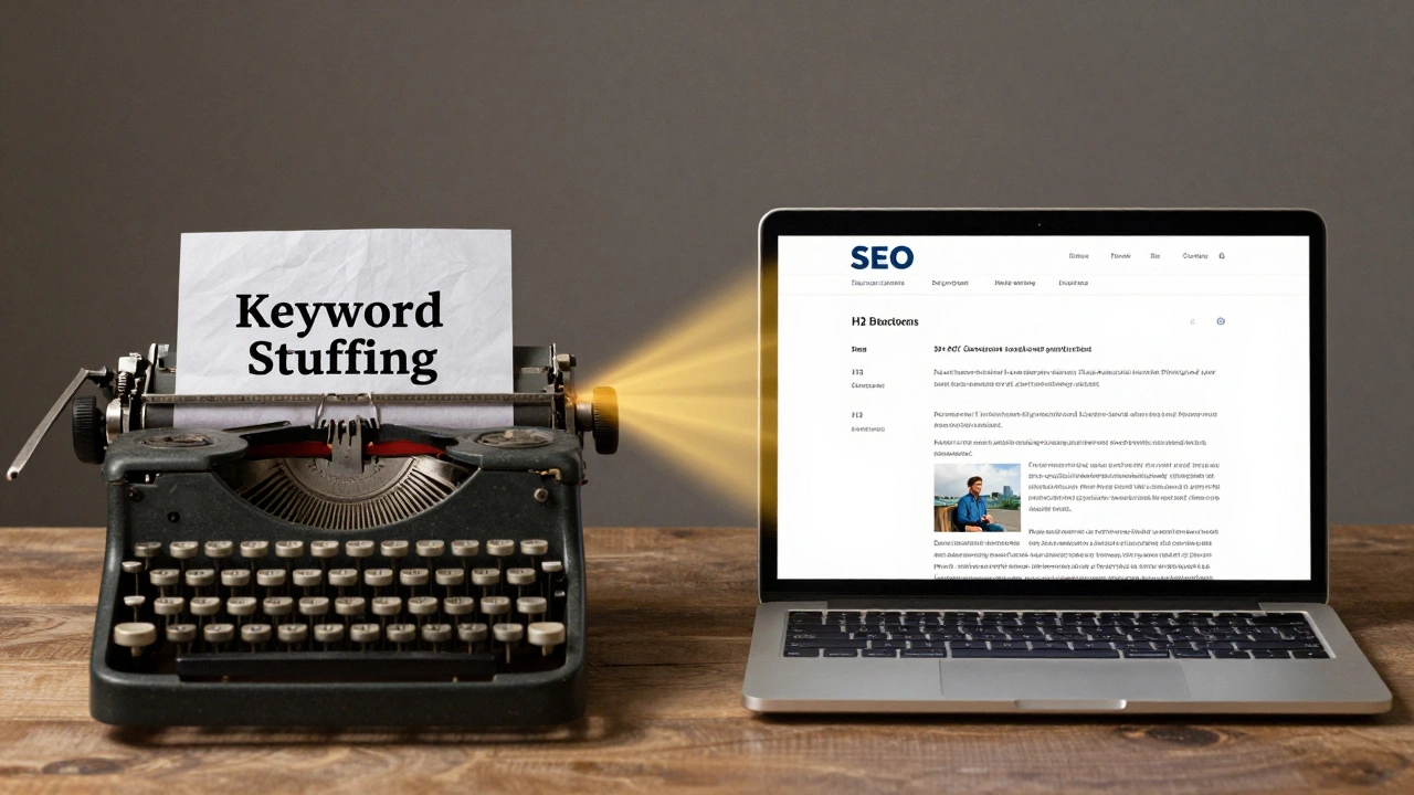 A typewriter and laptop side by side, symbolizing the evolution from old SEO tactics to modern AI-assisted optimization.