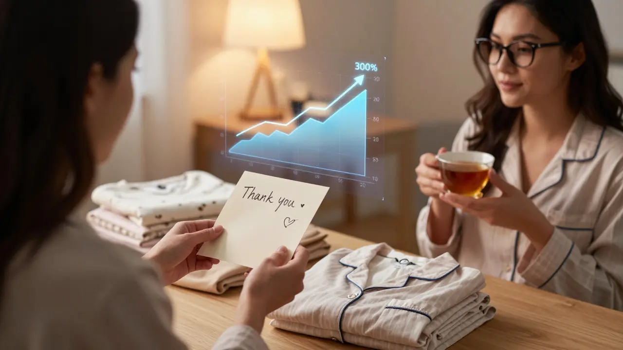 Brand owner giving a thank-you gift to an affiliate in a warm, intimate setting.