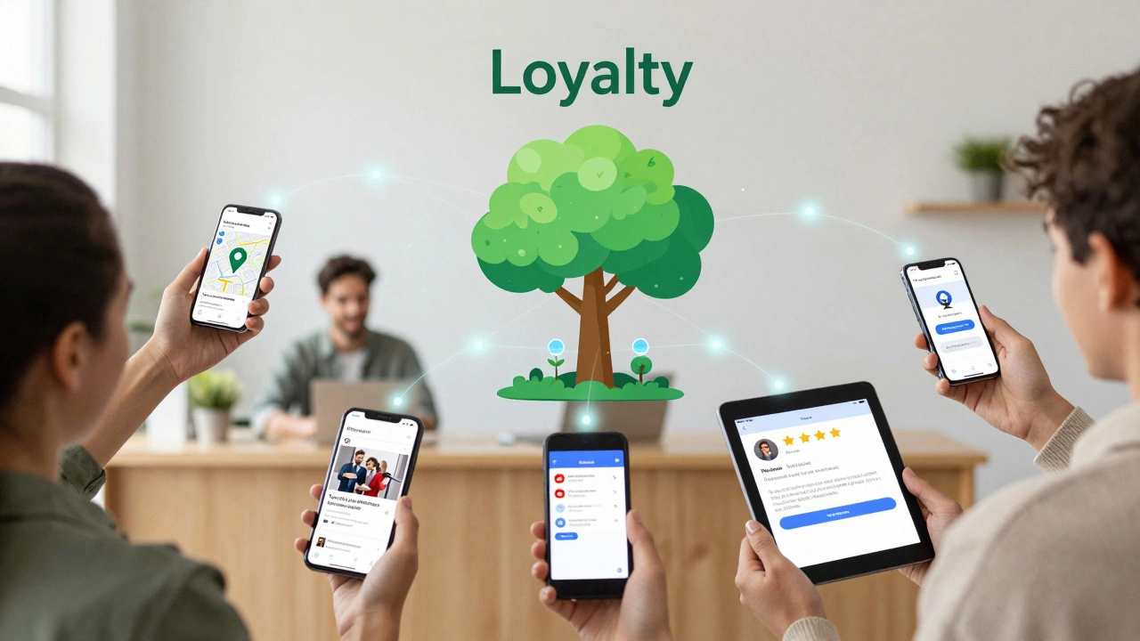 Customers connected by digital touchpoints to a growing loyalty tree, as a business owner watches proudly from behind a counter.