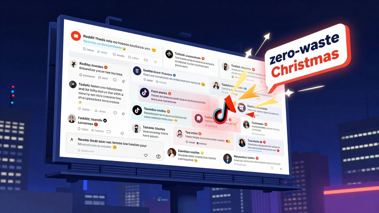 Floating ad text fragments forming a billboard fueled by social media trends and search spikes.