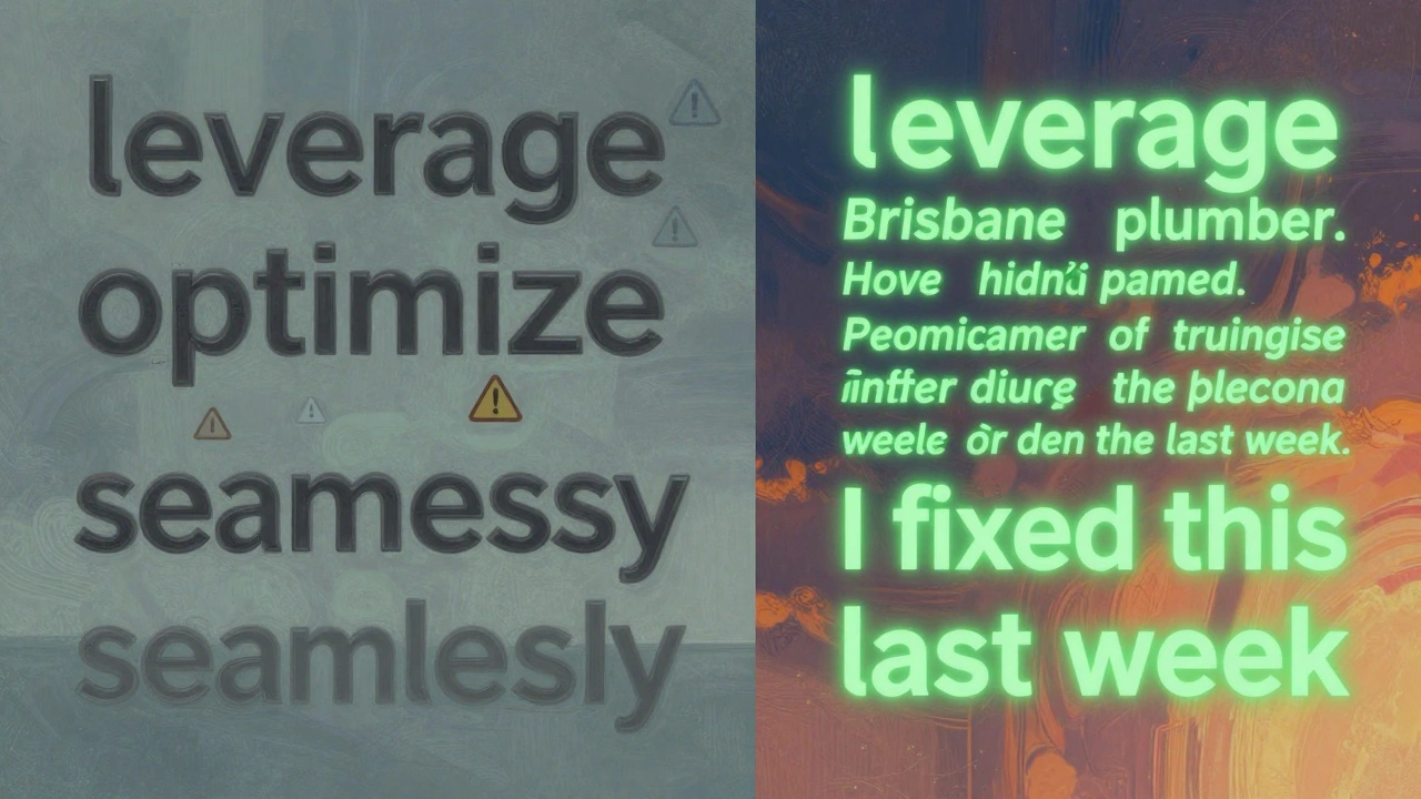 Robotic AI text transforming into human-written content with local references and authenticity.