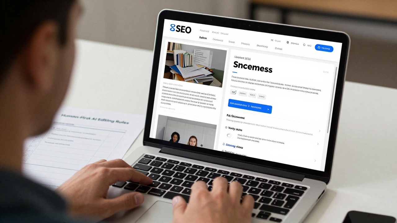 SEO consultant reviewing an updated blog post with checklist for human-edited AI content.
