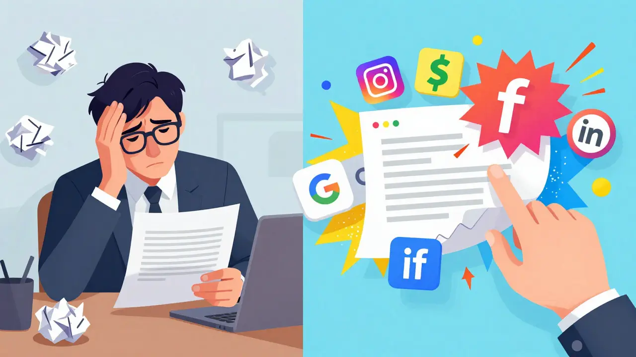 Split-screen illustration showing traditional ad struggles versus AI-powered ad creation across social platforms.