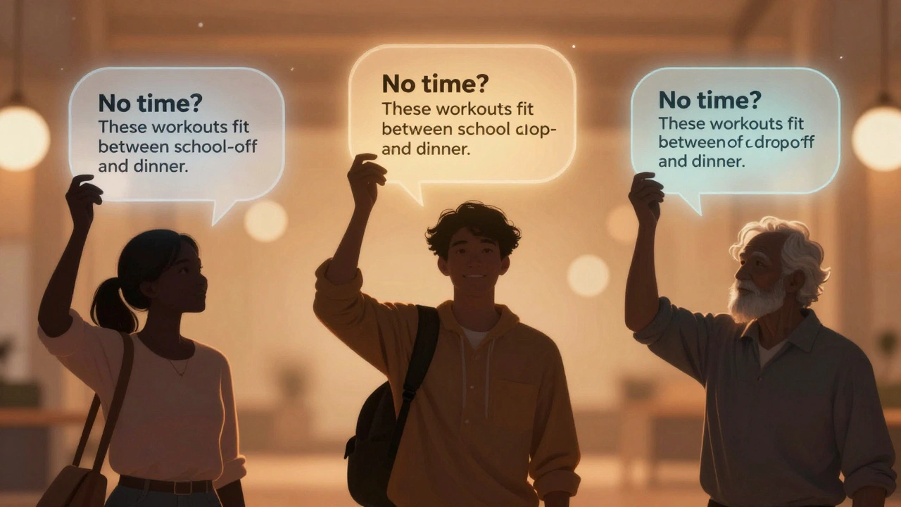 Three people holding personalized ad messages, guided by an invisible AI interface.