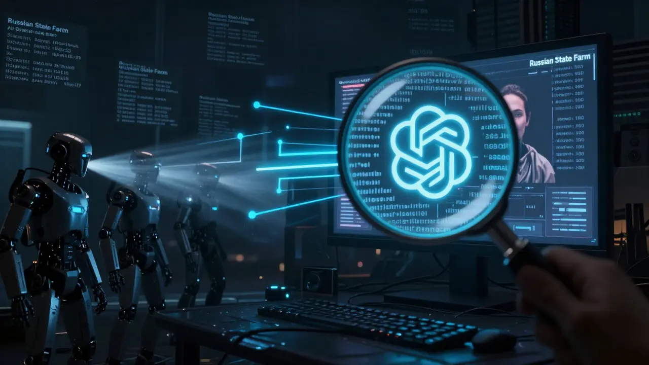 A dark digital battlefield where AI-generated propaganda videos are being traced back to a bot farm by a glowing magnifying glass.
