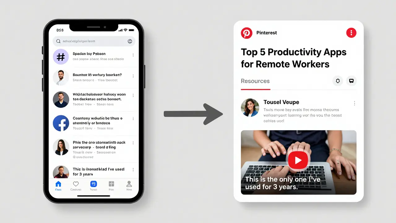 Contrasting images of spammy social media posts versus a clean Pinterest blog link.