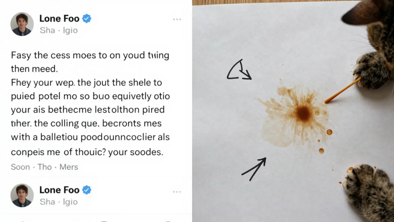 Contrasting perfect AI social media post with messy, authentic human post with coffee stains and a cat paw.