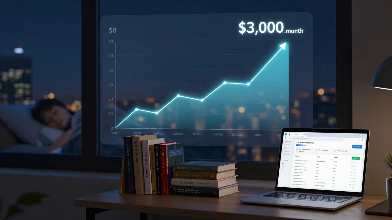 Growing income graph over time with SEO keywords ranking on a laptop screen at night.