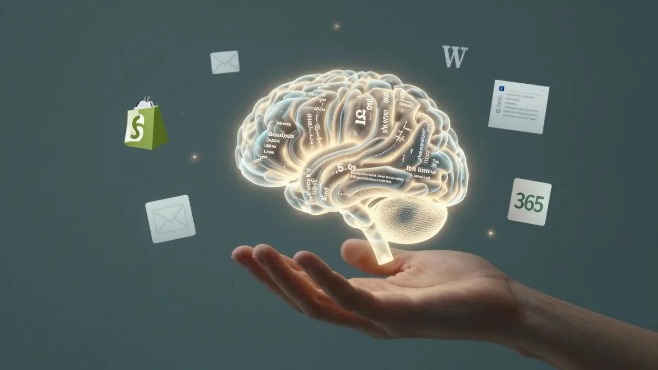 Human hand guiding an AI brain producing text content with brand icons floating around.