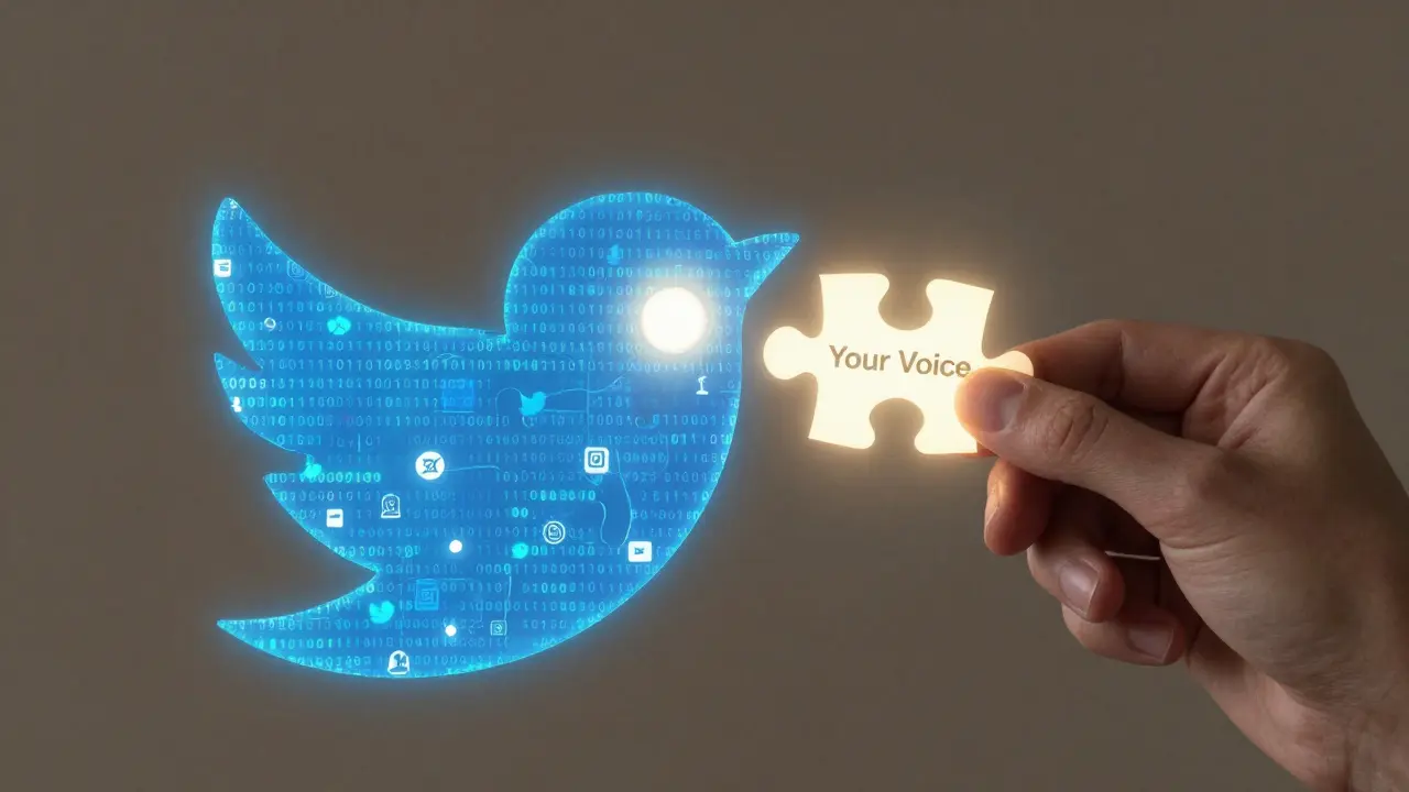 Human hand placing a 'Your Voice' puzzle piece into a digital Twitter bird made of code, symbolizing AI-augmented connection.