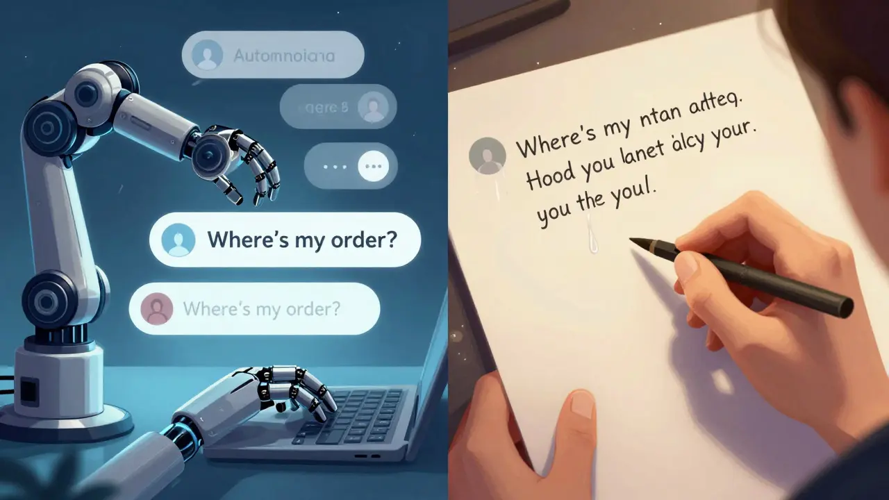 Human hand responding to emotional comment while robot handles generic replies.