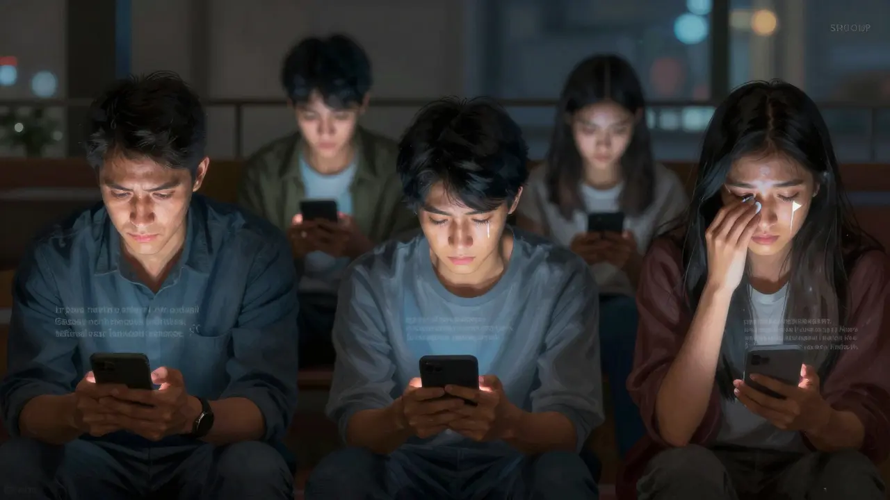 People using ChatGPT to write emotional posts, glowing phone screens illuminating their faces in quiet moments.