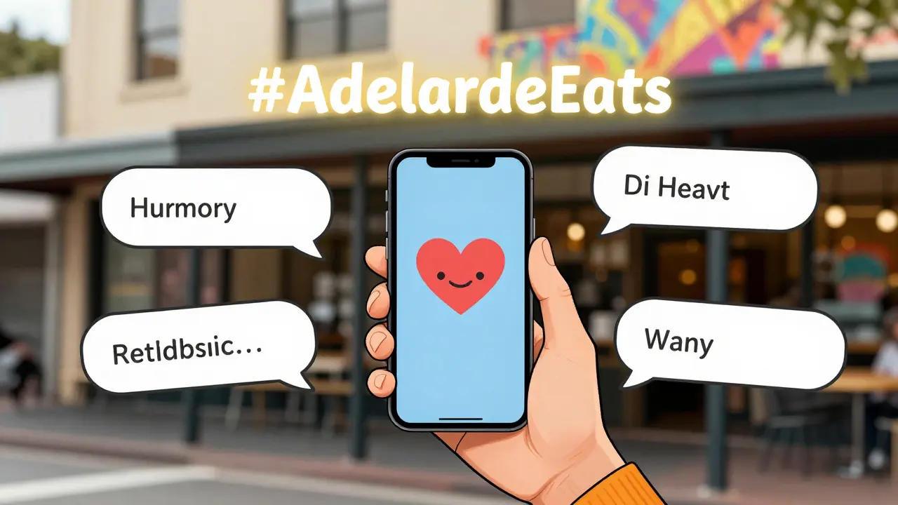 Person choosing an AI-suggested Twitter reply from floating bubbles while trending hashtag glows above them in an Australian street.