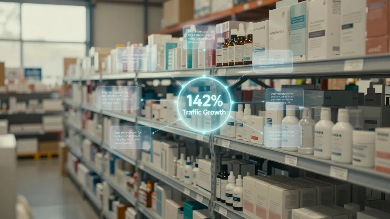 Skincare products labeled with AI-generated keywords in a warehouse
